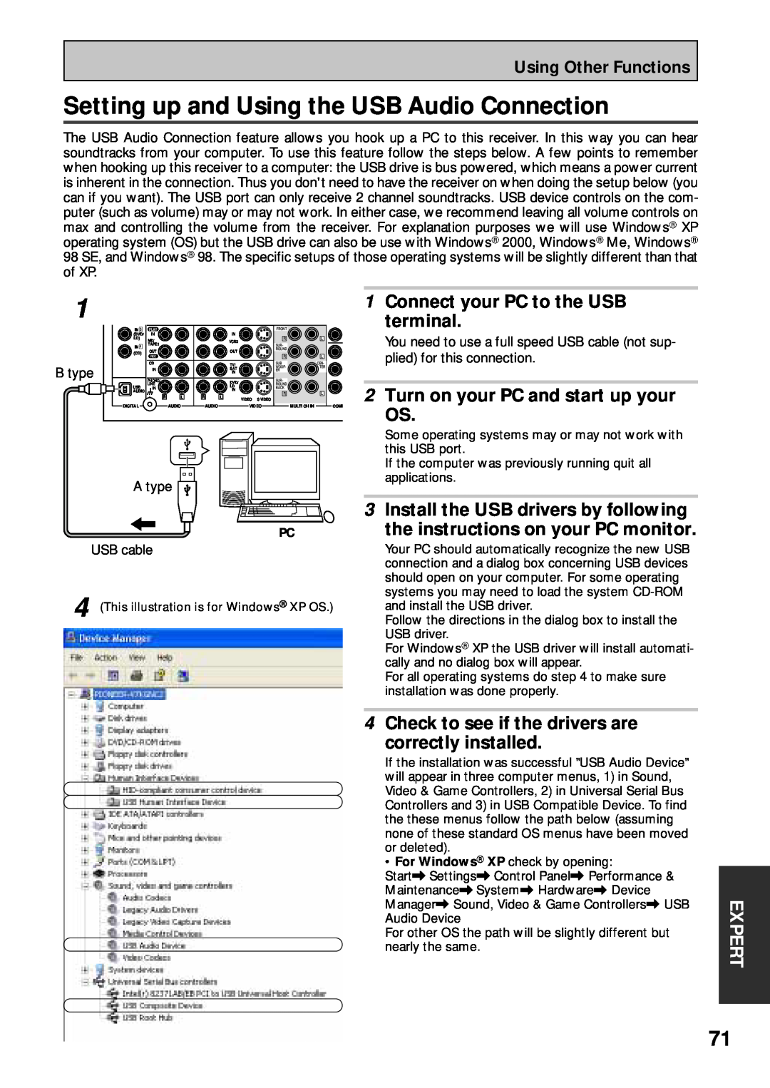 Pioneer VSX-45TX Setting up and Using the USB Audio Connection, Connect your PC to the USB, terminal, correctly installed 
