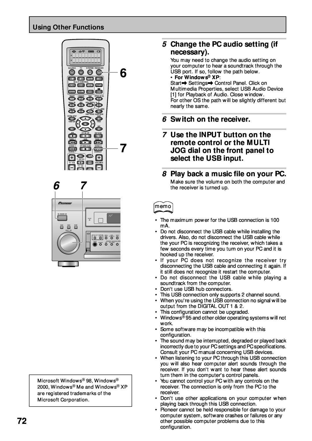Pioneer VSX-45TX manual Change the PC audio setting if, necessary, 6Switch on the receiver, Use the INPUT button on the 