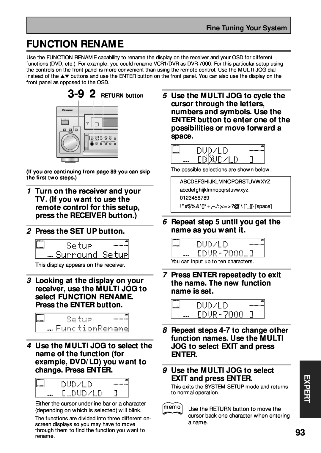 Pioneer VSX-45TX Function Rename, Use the MULTI JOG to cycle the, cursor through the letters, numbers and symbols. Use the 