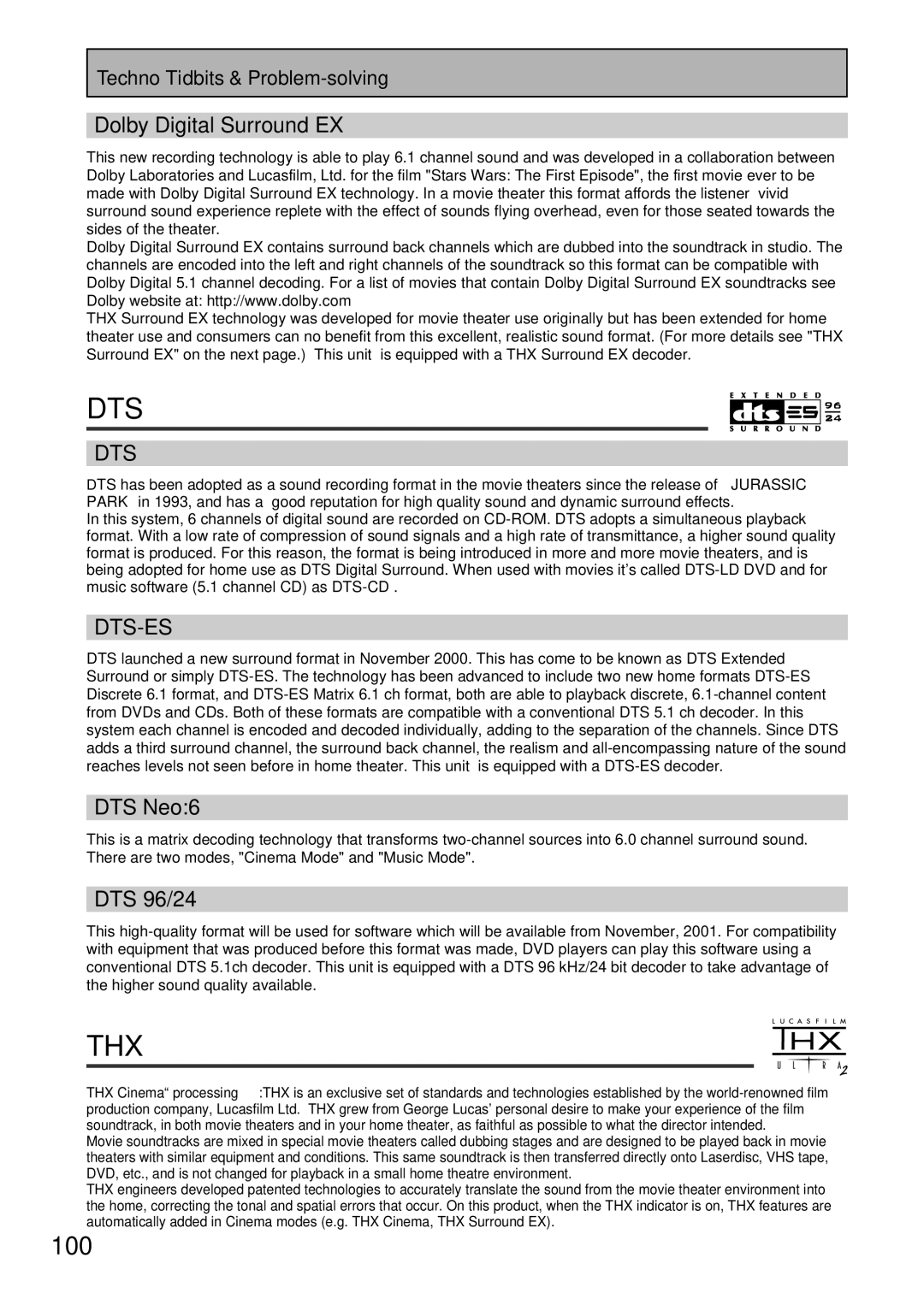 Pioneer VSX-47TX manual Dolby Digital Surround EX, DTS Neo6, DTS 96/24, Techno Tidbits & Problem-solving 