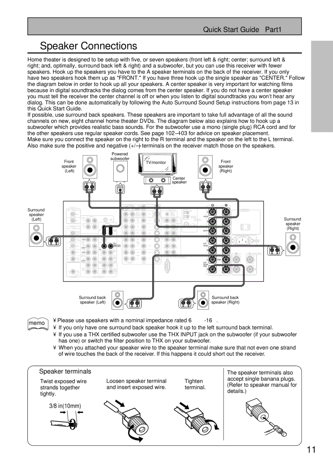 Pioneer VSX-47TX manual Speaker Connections, Memo, Speaker terminals also 