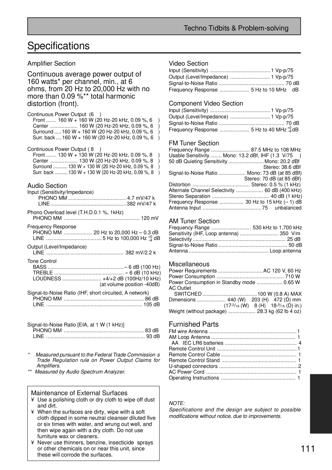 Pioneer VSX-47TX manual Specifications, Furnished Parts 