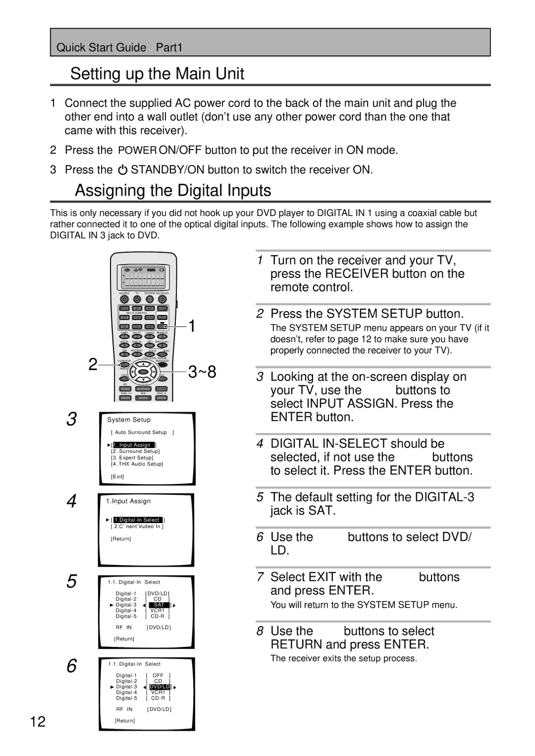 Pioneer VSX-47TX manual Setting up the Main Unit, Assigning the Digital Inputs, Receiver exits the setup process 