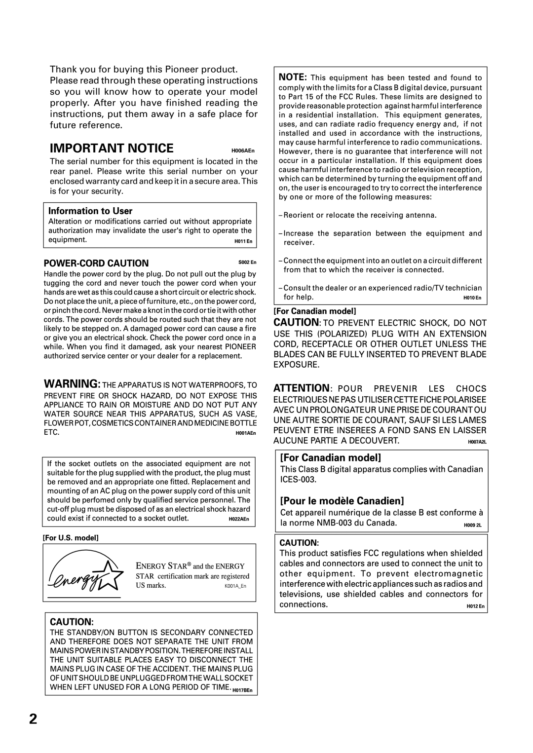 Pioneer VSX-47TX manual Important Notice 