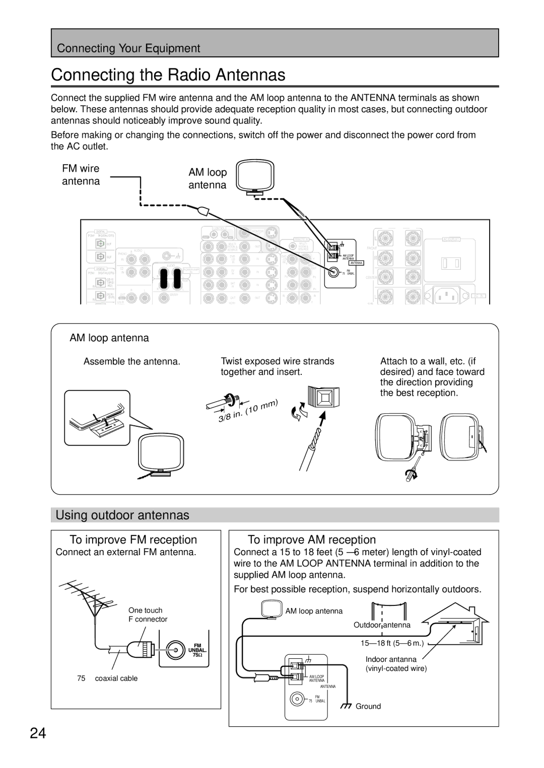 Pioneer VSX-47TX Connecting the Radio Antennas, Using outdoor antennas, To improve FM reception, To improve AM reception 