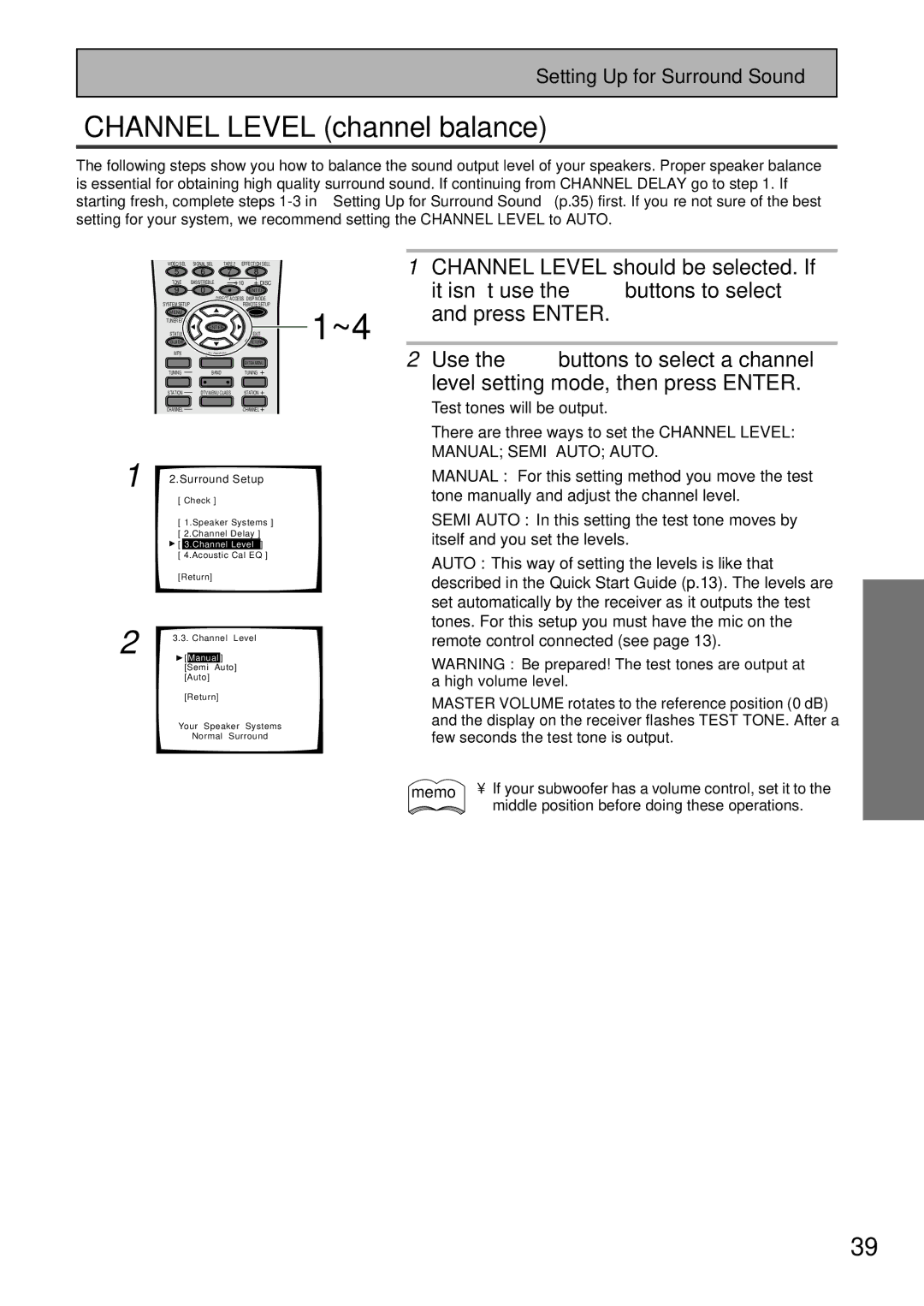 Pioneer VSX-47TX manual Channel Level channel balance, It isn’t use the 5∞ buttons to select 