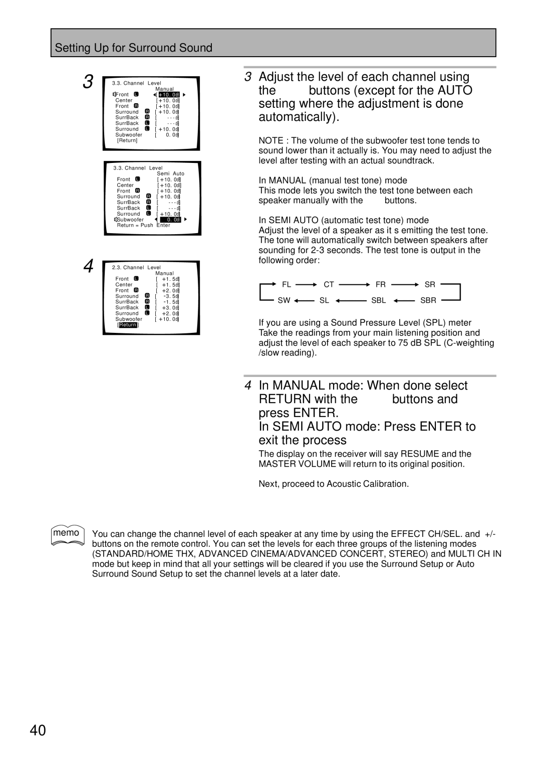 Pioneer VSX-47TX Manual manual test tone mode, Semi Auto automatic test tone mode 