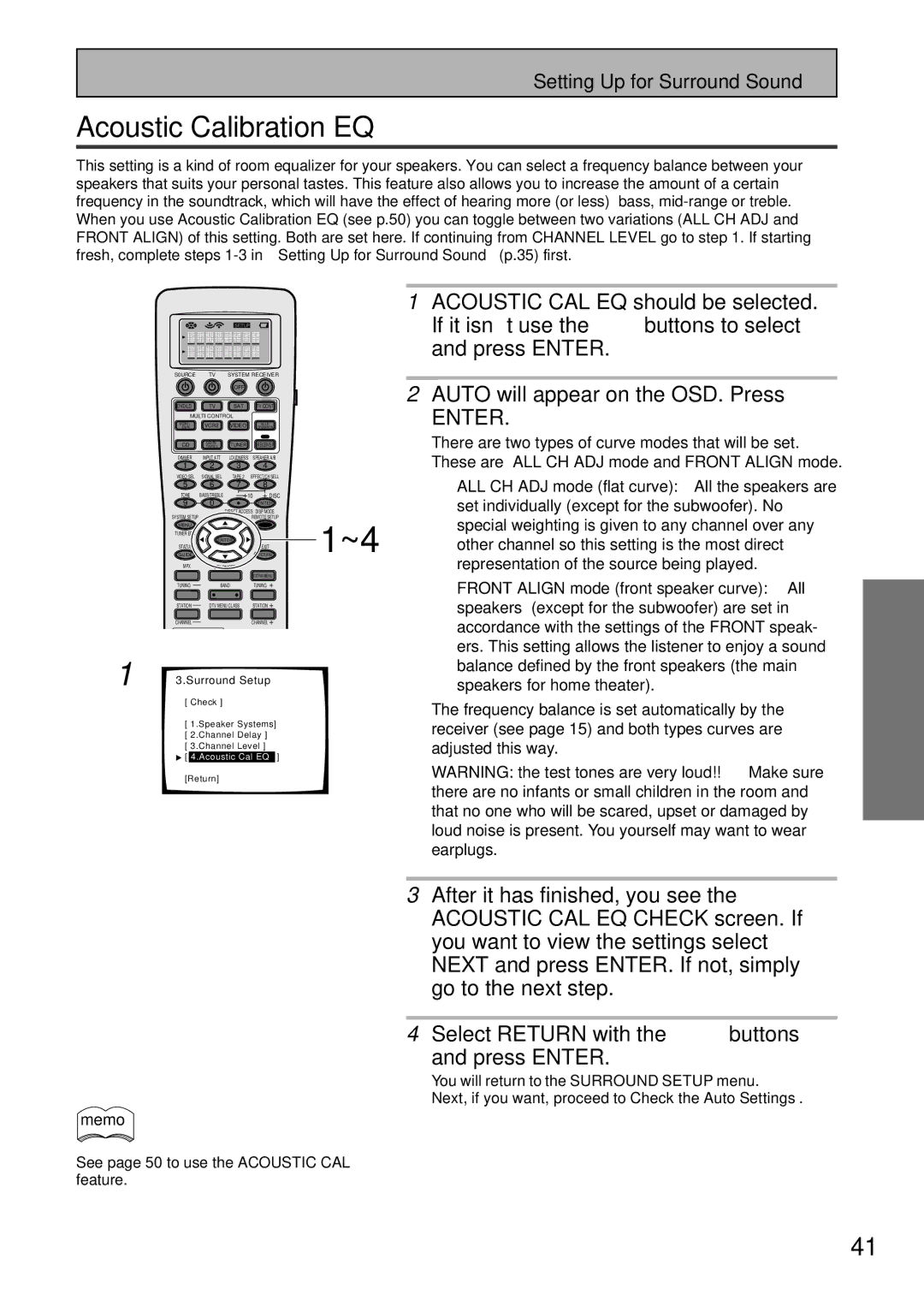 Pioneer VSX-47TX Acoustic Calibration EQ, Acoustic CAL EQ should be selected, If it isn’t use the 5∞ buttons to select 