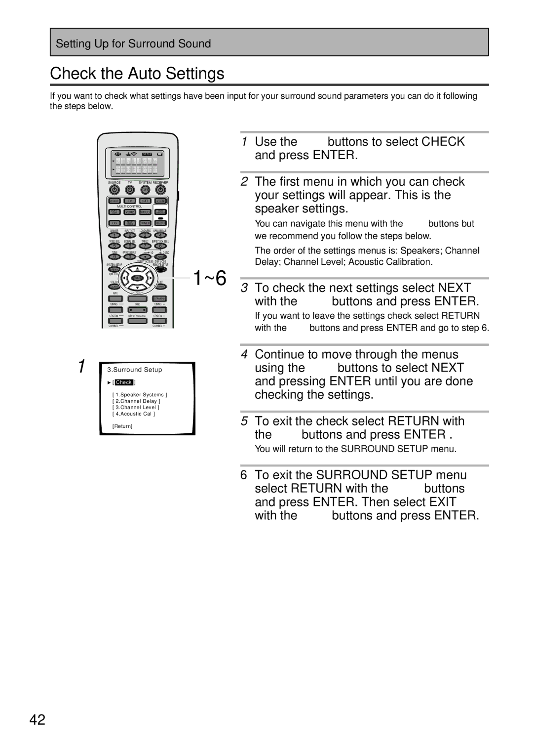 Pioneer VSX-47TX Check the Auto Settings, To check the next settings select Next, With the 5∞ buttons and press Enter 