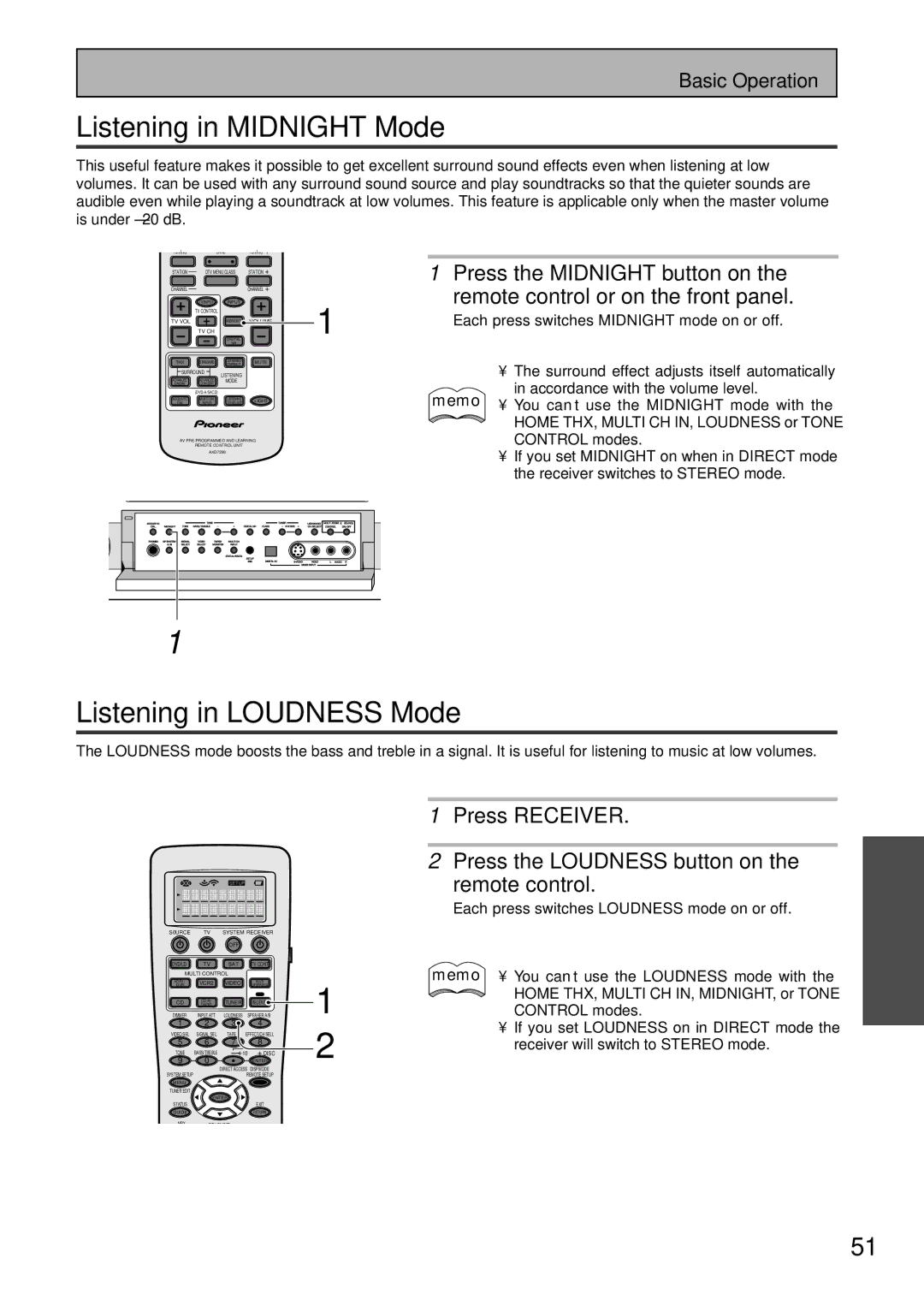 Pioneer VSX-47TX manual Listening in Midnight Mode, Listening in Loudness Mode, Press the Midnight button on 