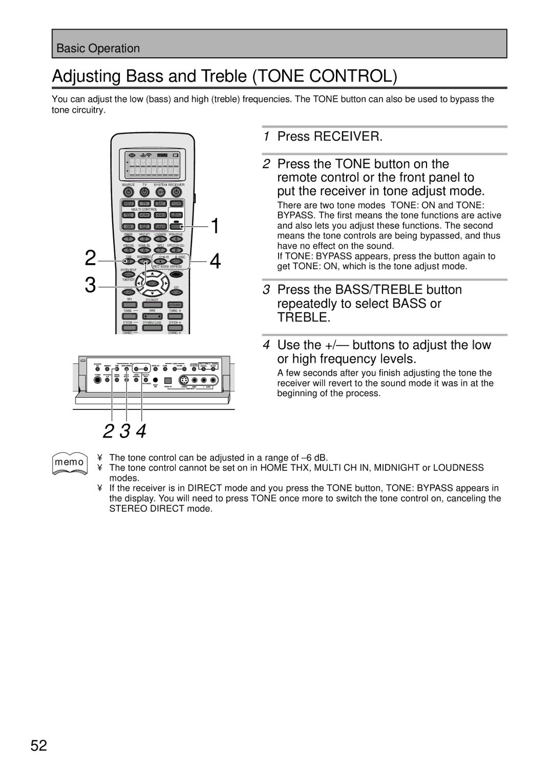 Pioneer VSX-47TX Adjusting Bass and Treble Tone Control, Press the BASS/TREBLE button repeatedly to select Bass or, Modes 