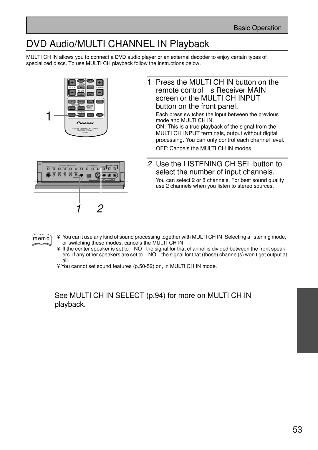 Pioneer VSX-47TX manual DVD Audio/MULTI Channel in Playback, See Multi CH in Select p.94 for more on Multi CH in playback 