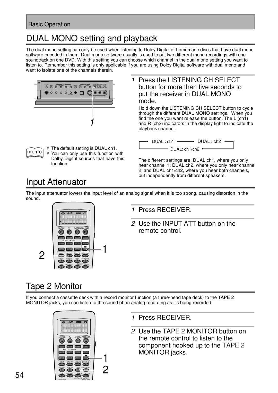 Pioneer VSX-47TX manual Dual Mono setting and playback, Input Attenuator, Tape 2 Monitor 