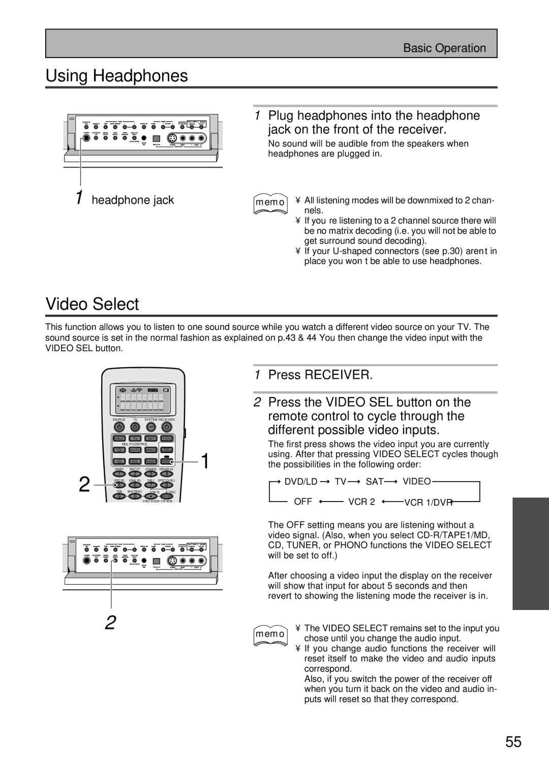 Pioneer VSX-47TX manual Using Headphones, Video Select 