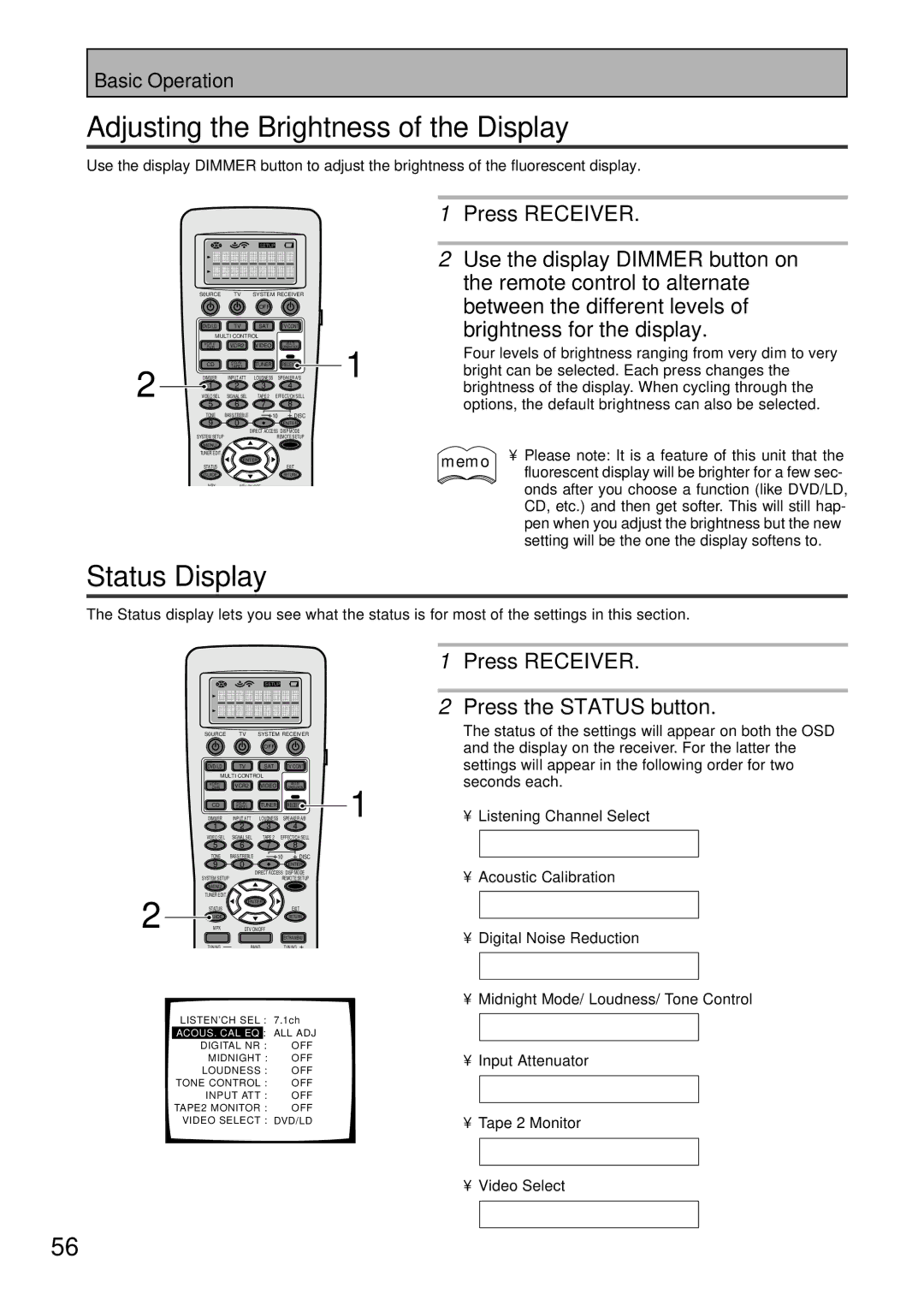 Pioneer VSX-47TX manual Adjusting the Brightness of the Display, Status Display 