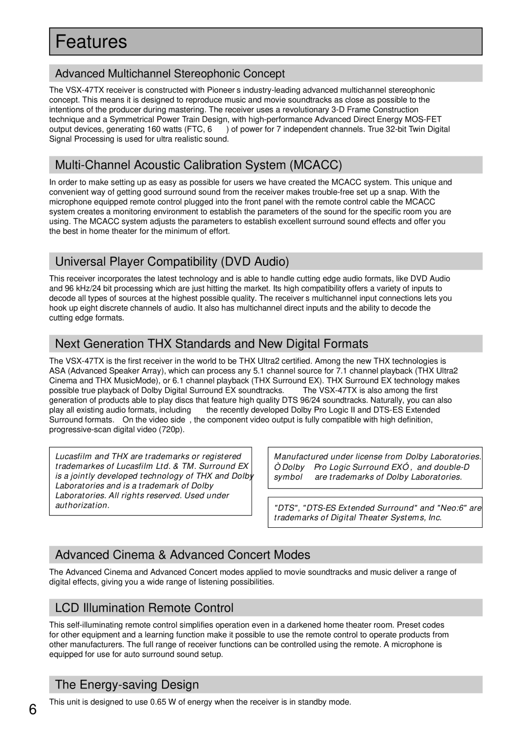 Pioneer VSX-47TX manual Features 