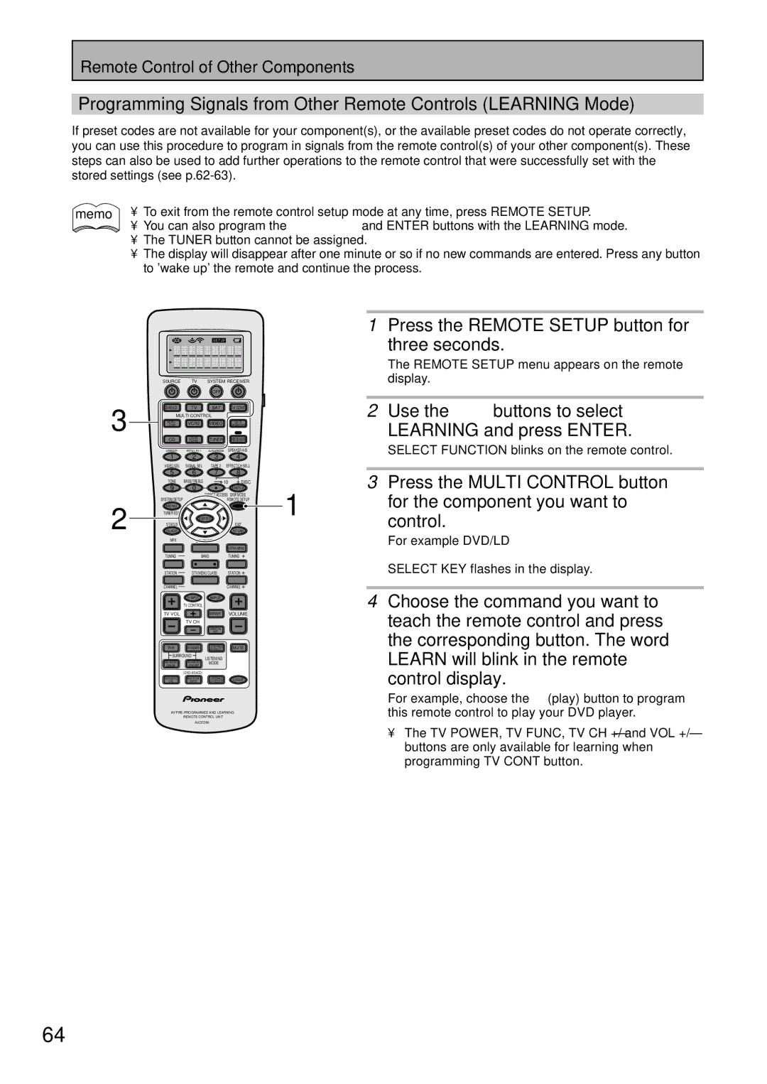 Pioneer VSX-47TX Use the 5∞ buttons to select Learning and press Enter, For the component you want to, For example DVD/LD 