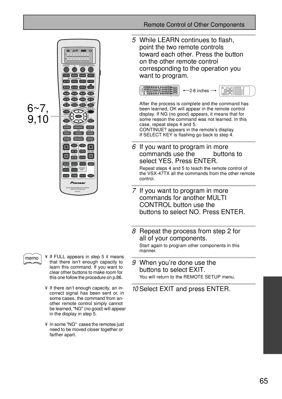 Pioneer VSX-47TX manual Select YES. Press Enter, Repeat the process from for All of your components, Inches 