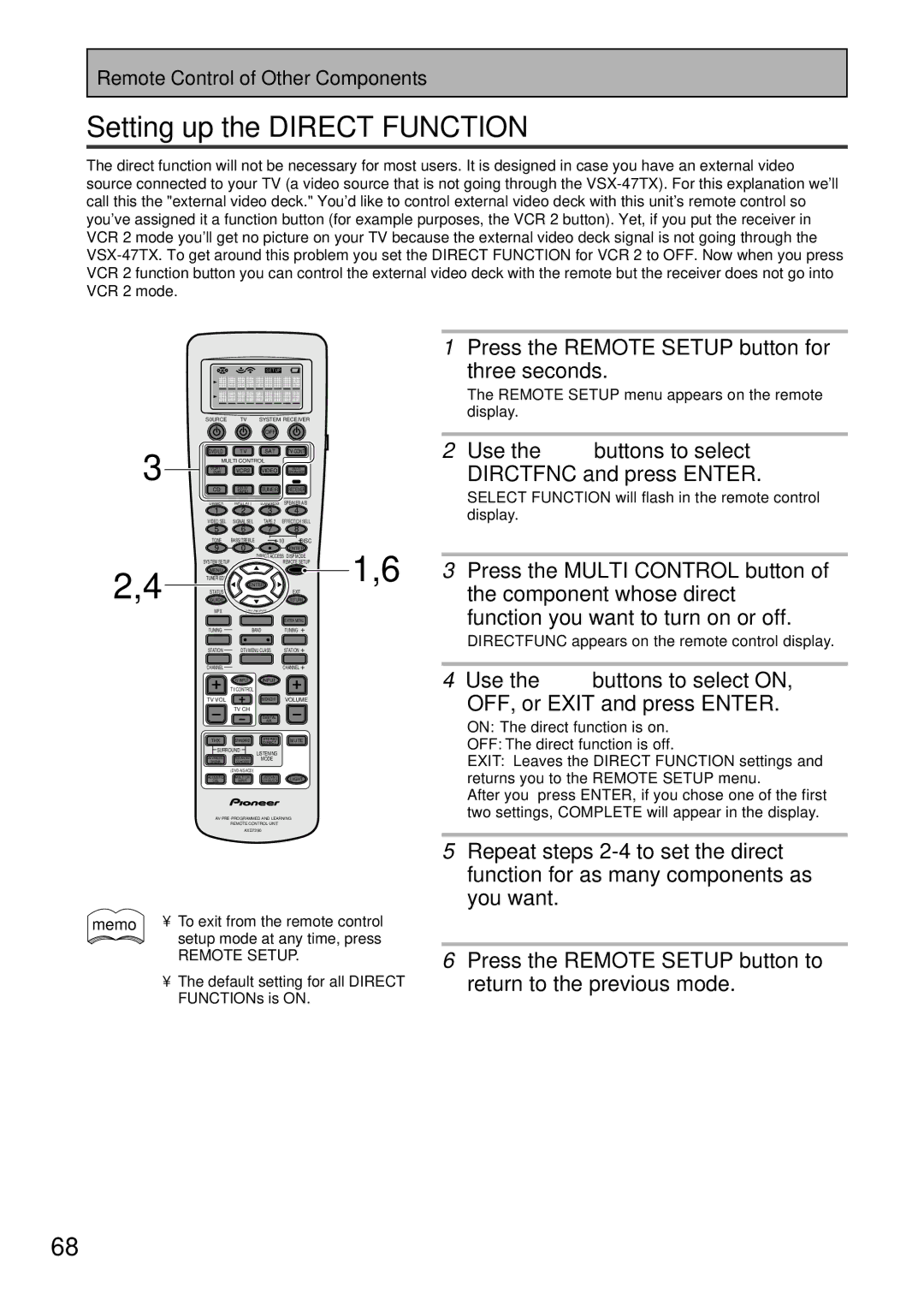 Pioneer VSX-47TX manual Setting up the Direct Function, Use the 5∞ buttons to select Dirctfnc and press Enter 