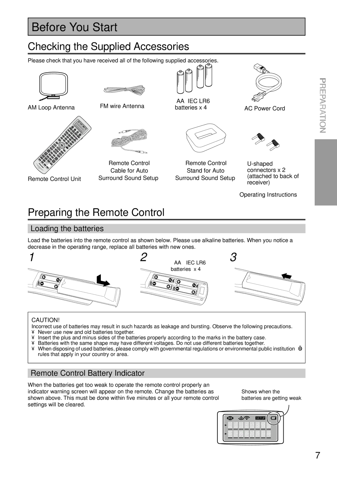 Pioneer VSX-47TX Before You Start, Checking the Supplied Accessories, Preparing the Remote Control, Loading the batteries 