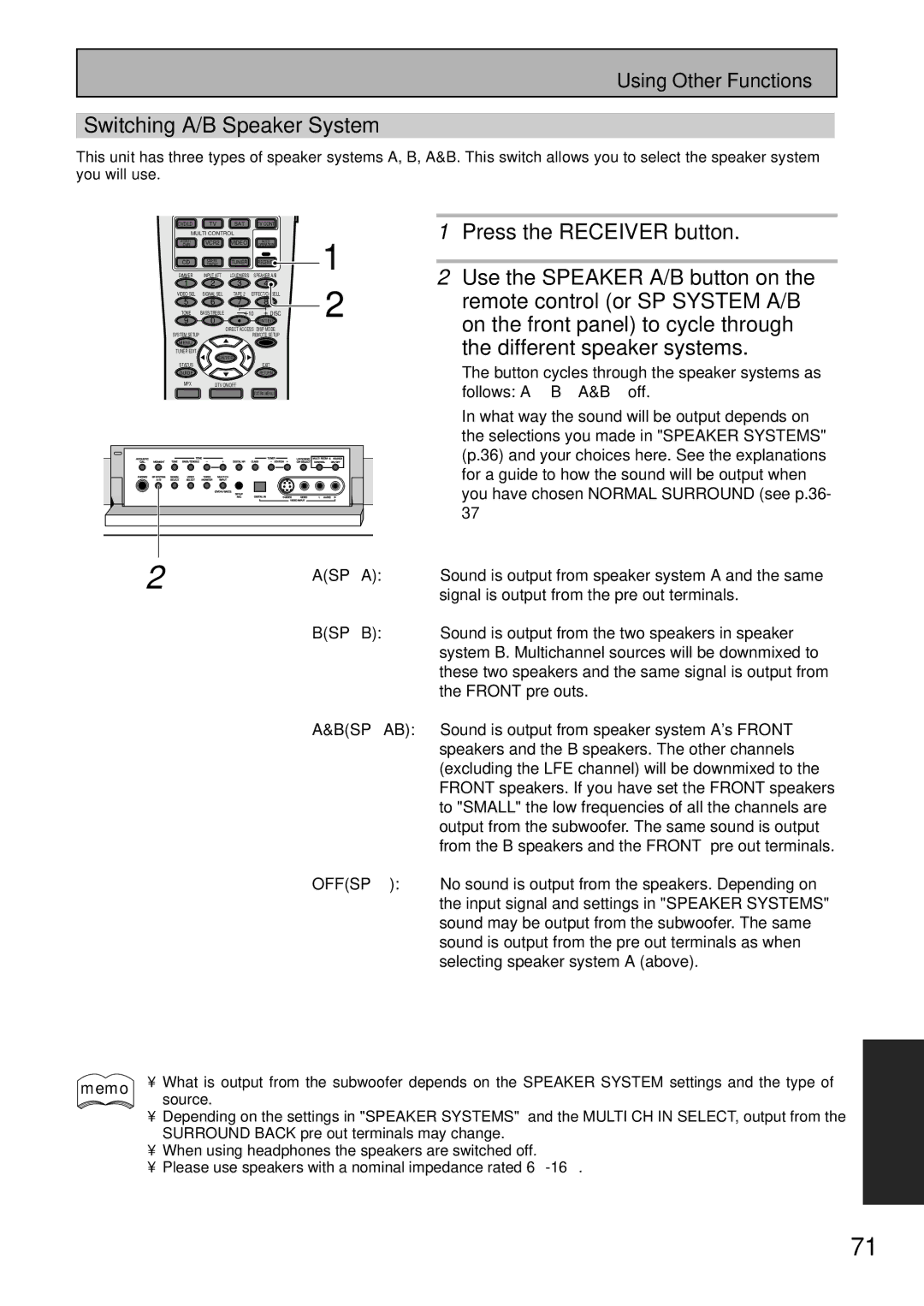 Pioneer VSX-47TX manual Switching A/B Speaker System, These two speakers and the same signal is output from 