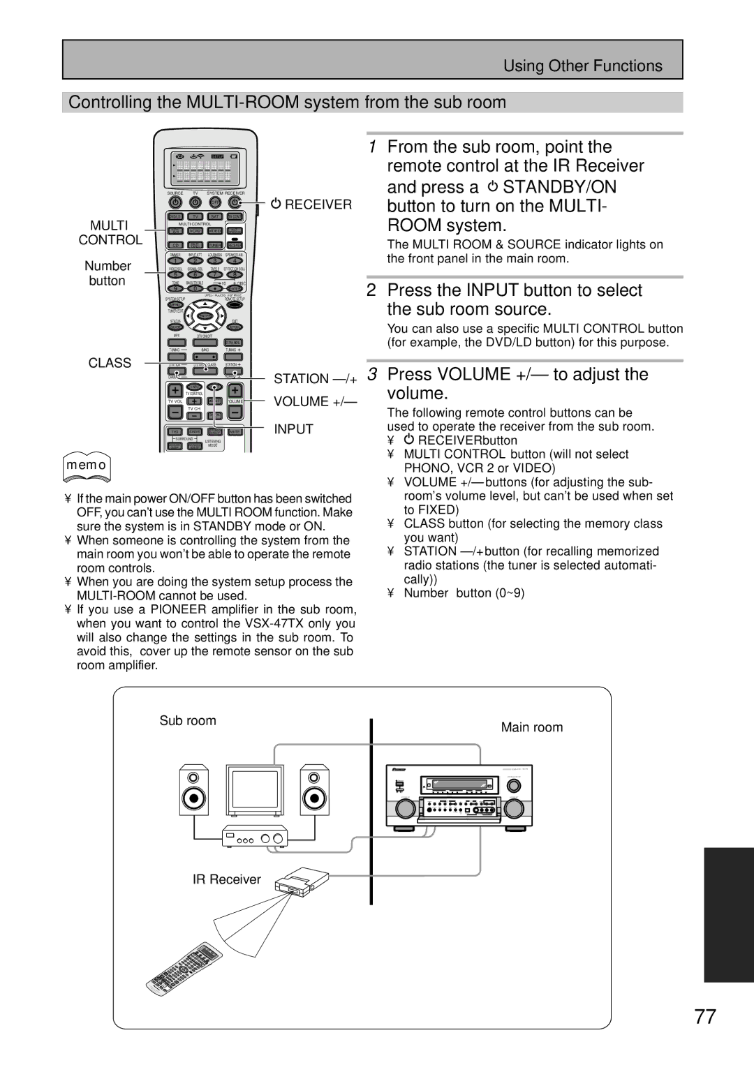 Pioneer VSX-47TX manual Controlling the MULTI-ROOM system from the sub room, From the sub room, point, Press a STANDBY/ON 