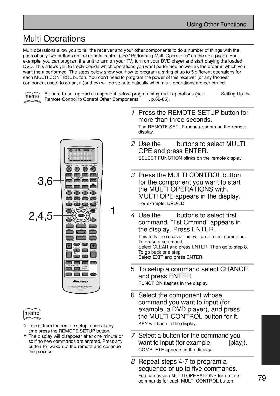 Pioneer VSX-47TX manual Multi Operations, Press the Remote Setup button for More than three seconds 