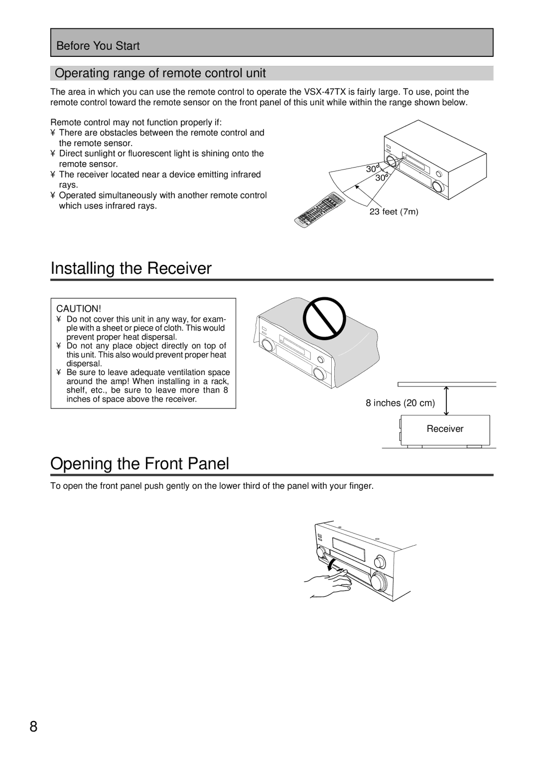 Pioneer VSX-47TX Installing the Receiver, Opening the Front Panel, Operating range of remote control unit, Inches 20 cm 