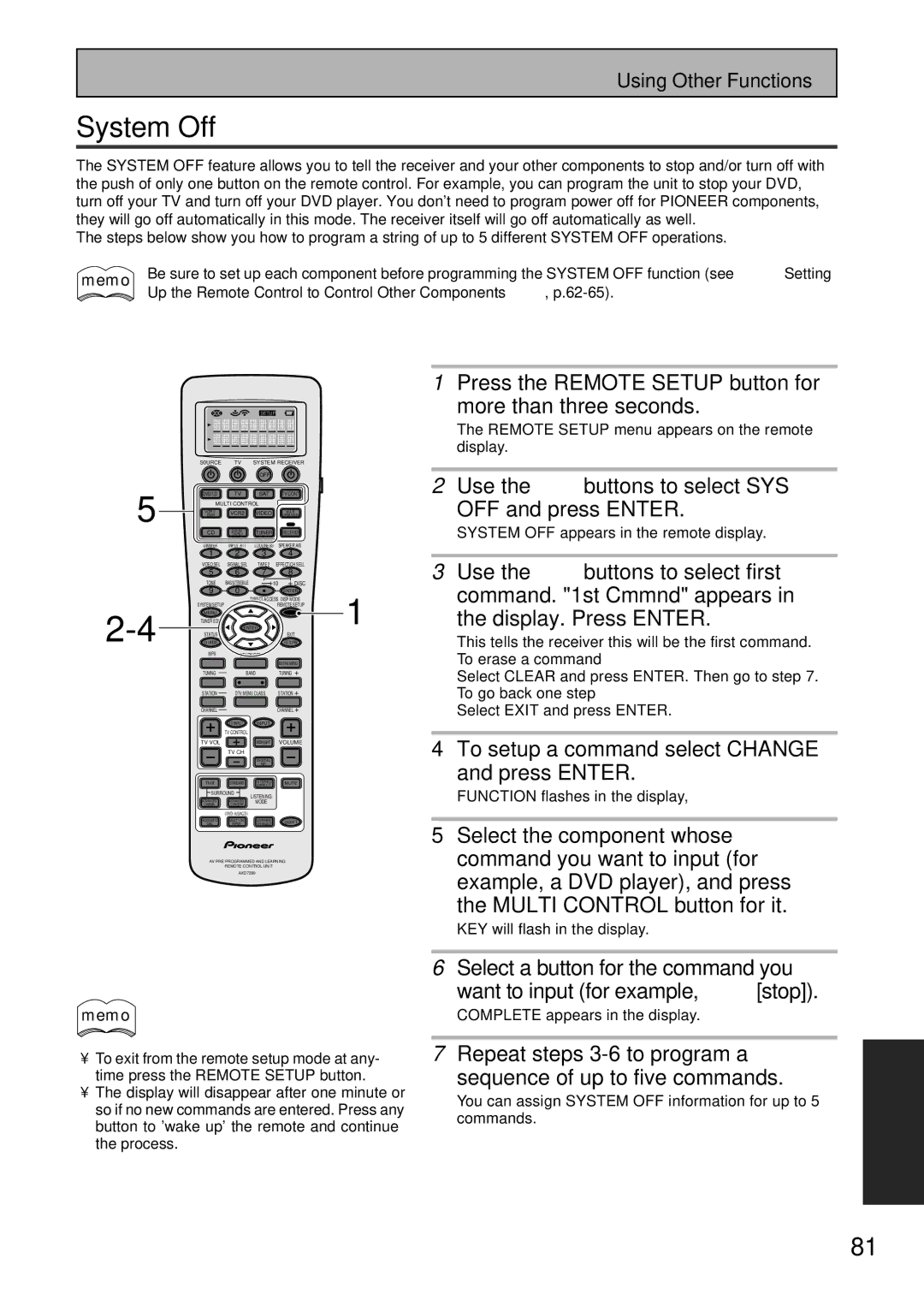 Pioneer VSX-47TX manual System Off, Use the 5∞ buttons to select SYS OFF and press Enter 