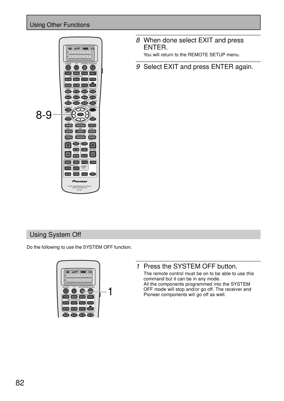 Pioneer VSX-47TX manual Select Exit and press Enter again Using System Off, Press the System OFF button 