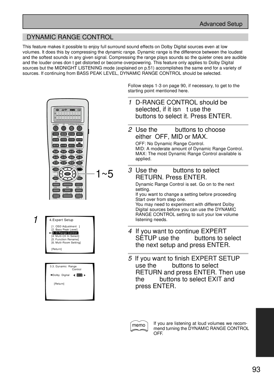 Pioneer VSX-47TX manual RETURN. Press Enter, OFF No Dynamic Range Control, MID a moderate amount of Dynamic Range Control 