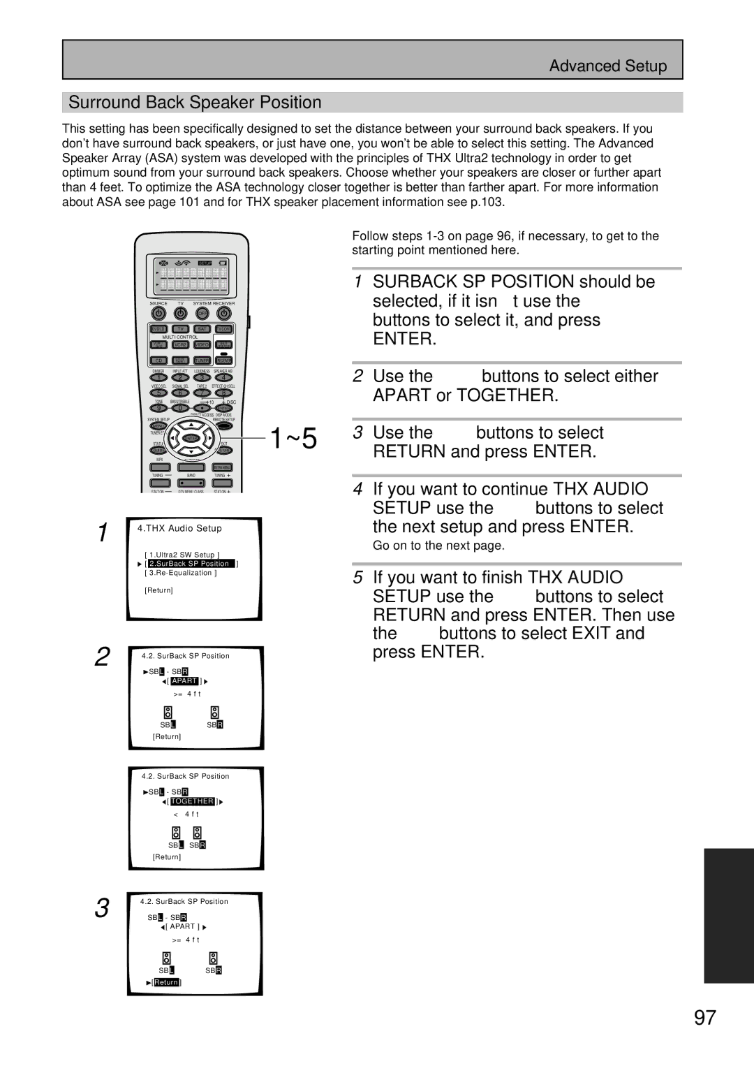 Pioneer VSX-47TX manual Surround Back Speaker Position, Surback SP Position should be, Selected, if it isn’t use the 5∞ 