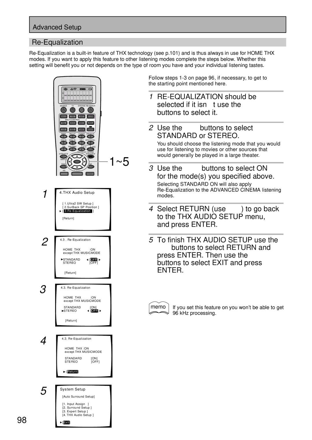 Pioneer VSX-47TX manual Re-Equalization, RE-EQUALIZATION should be, Buttons to select it, Standard or Stereo 