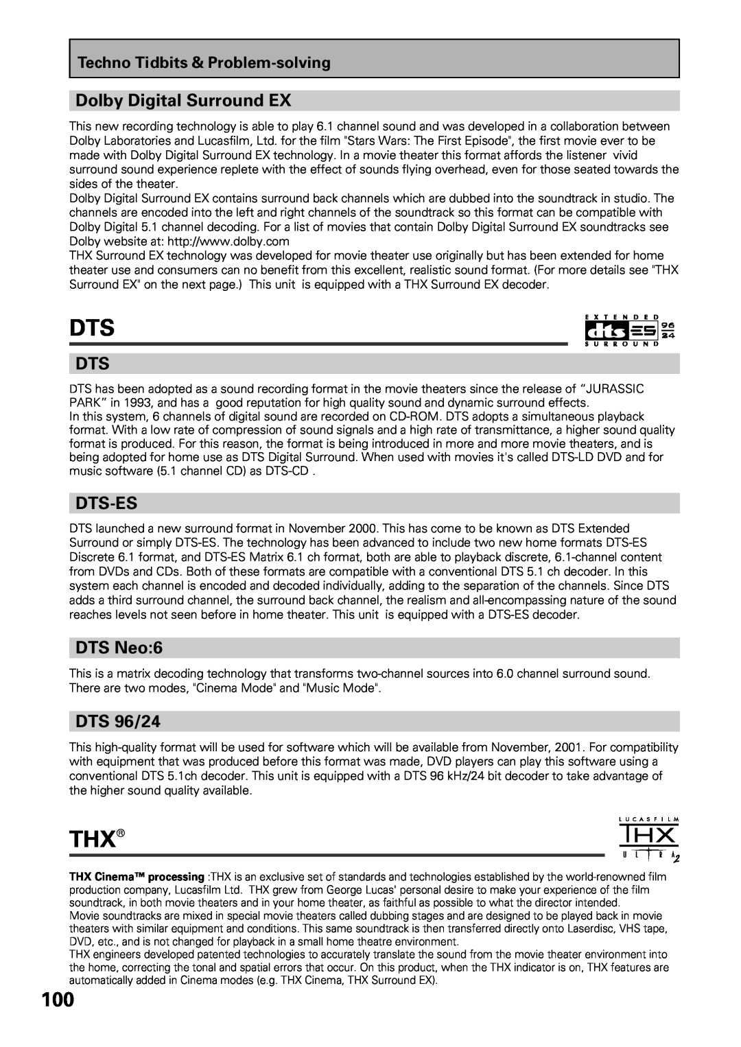 Pioneer VSX-47TX manual Thx, Dolby Digital Surround EX, Dts-Es, DTS Neo:6, DTS 96/24 