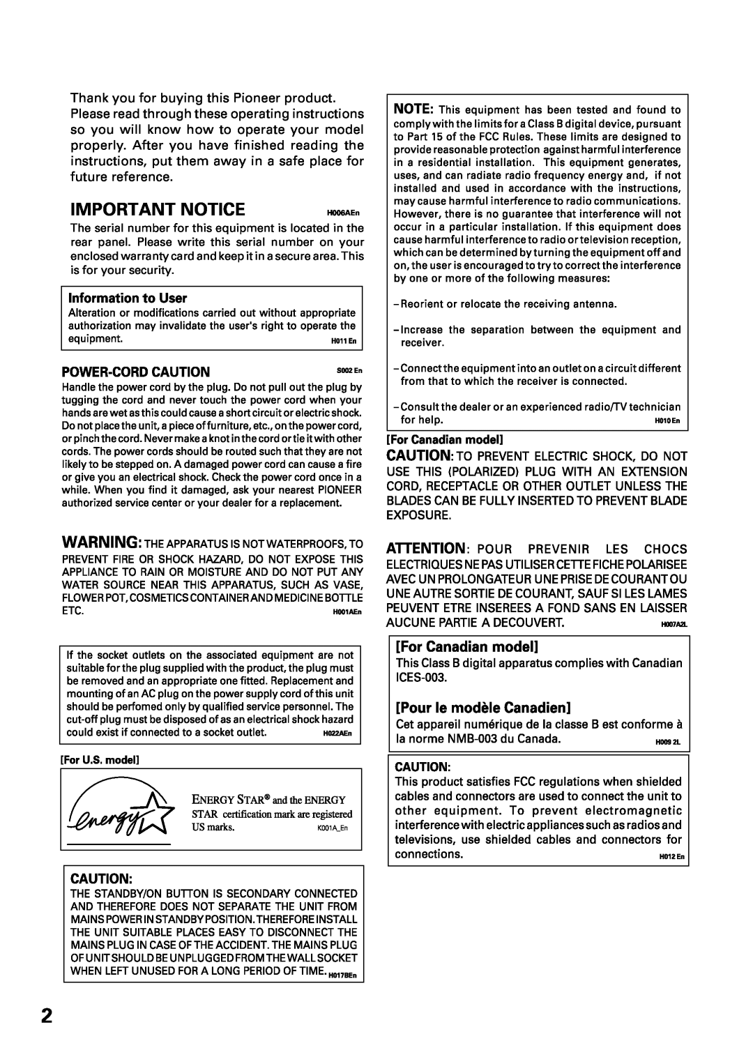 Pioneer VSX-47TX manual Important Notice, H006AEn 