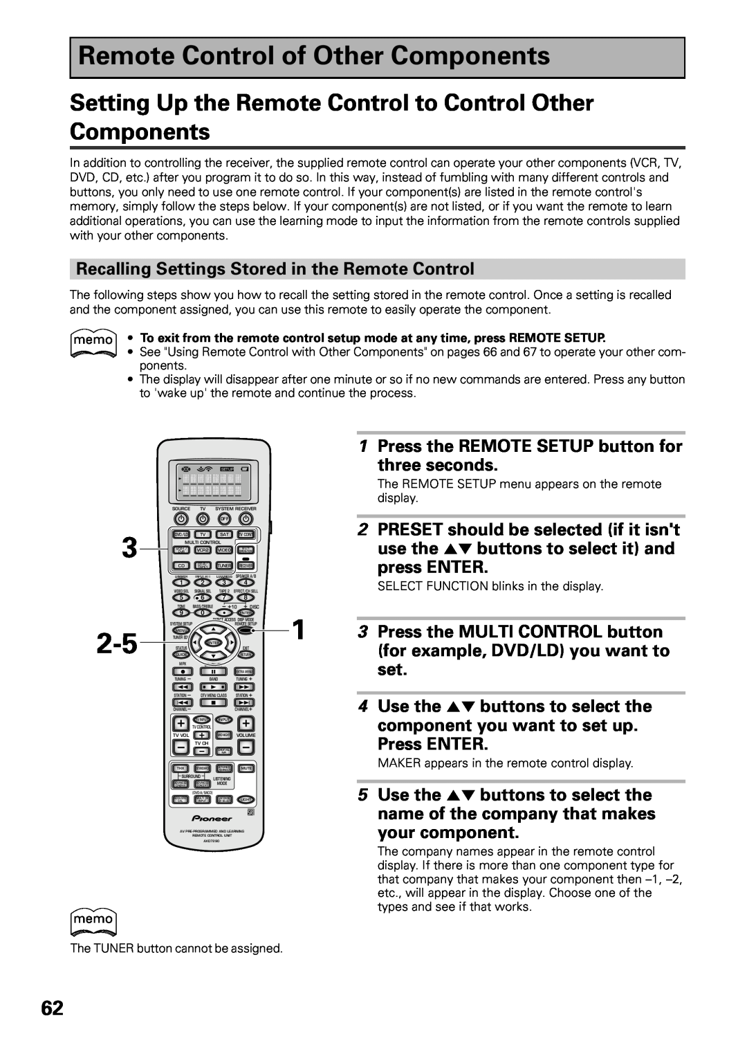 Pioneer VSX-47TX manual Remote Control of Other Components, Recalling Settings Stored in the Remote Control, Press ENTER 