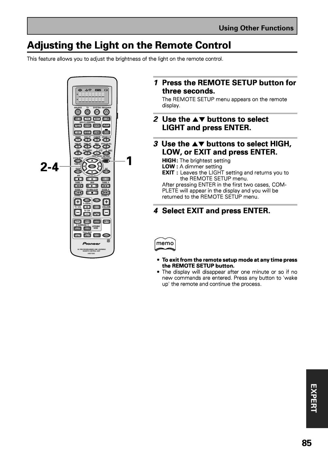 Pioneer VSX-47TX manual Adjusting the Light on the Remote Control, LIGHT and press ENTER, Use the 5∞ buttons to select HIGH 