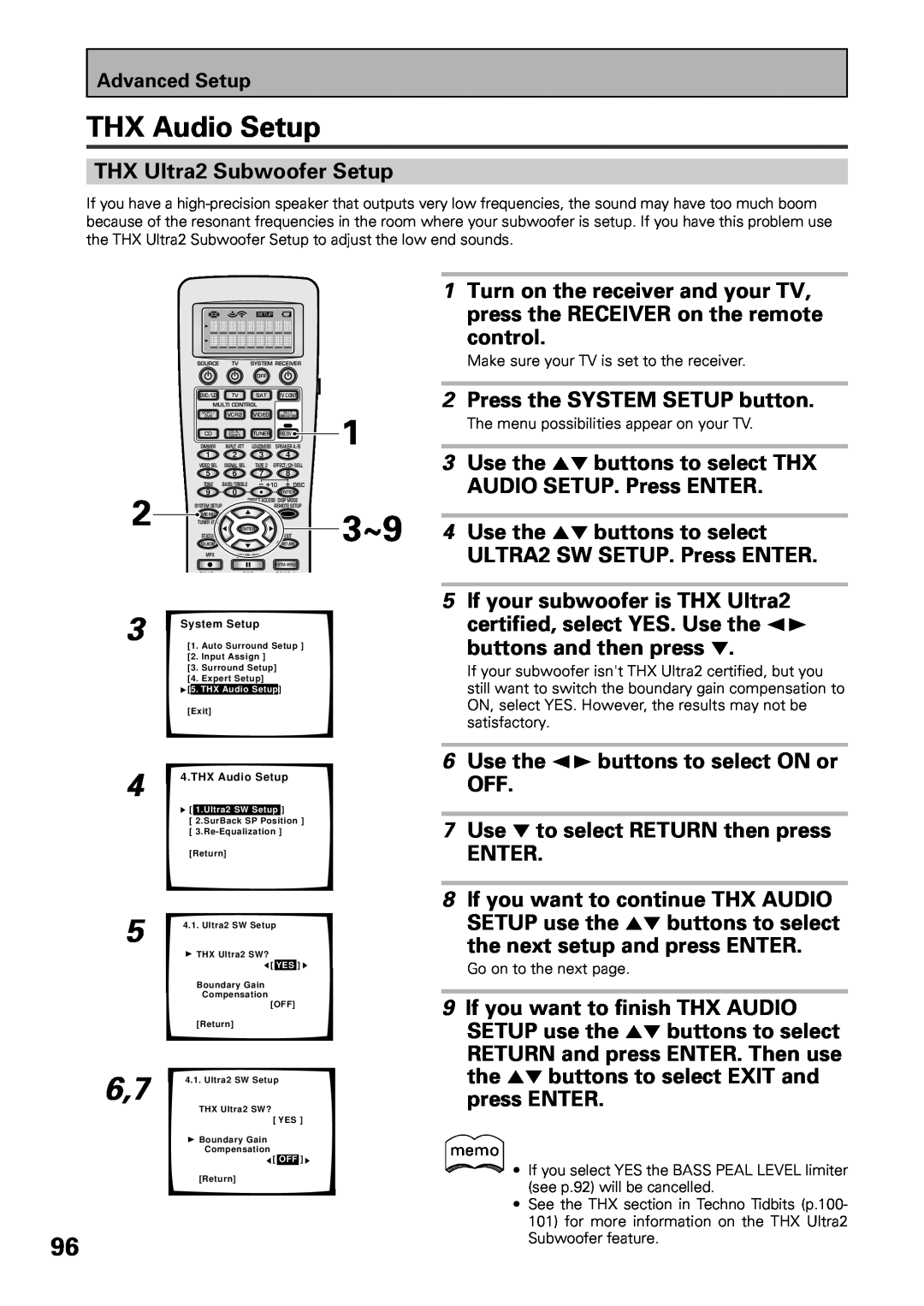Pioneer VSX-47TX manual 3 4 5 6,7, THX Audio Setup, THX Ultra2 Subwoofer Setup, Use the 5∞ buttons to select THX, control 
