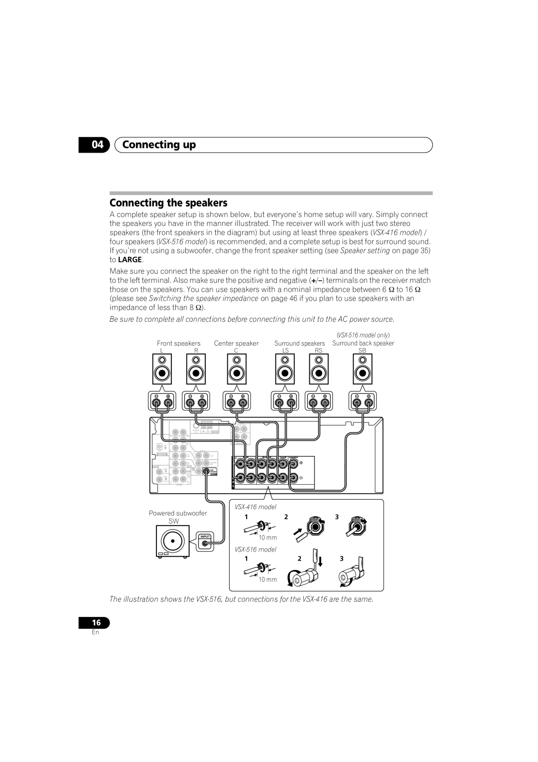 Pioneer VSX-516-S, VSX-516-K, VSX-416-K manual Connecting up Connecting the speakers, Front speakers 