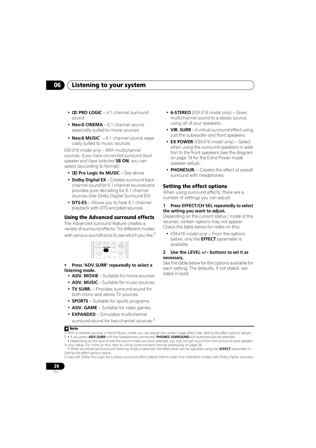 Pioneer VSX-416-K, VSX-516-K Listening to your system, Setting the effect options, Using the Advanced surround effects 