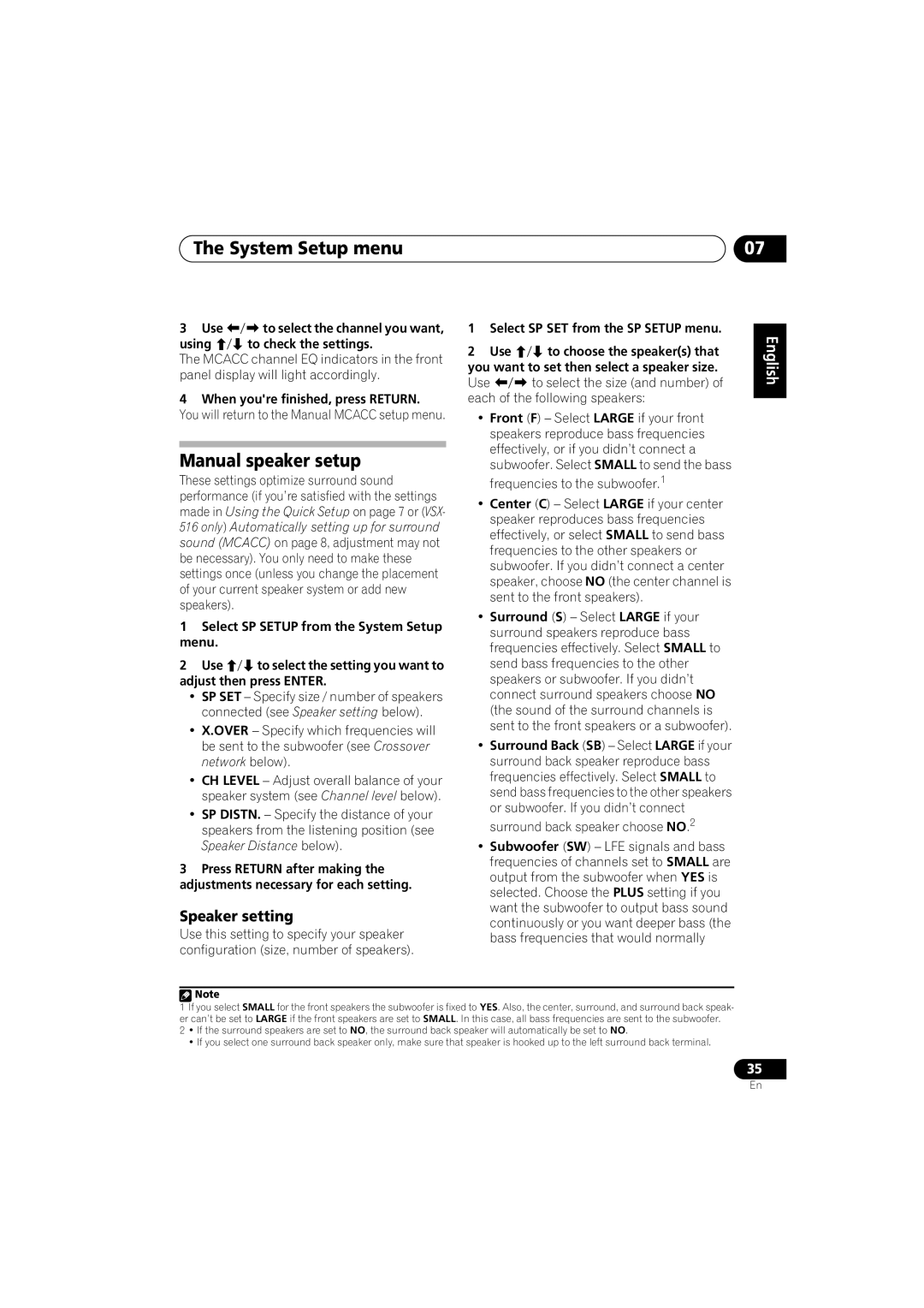 Pioneer VSX-416-K Manual speaker setup, Speaker setting, Using To check the settings, Select SP SET from the SP Setup menu 