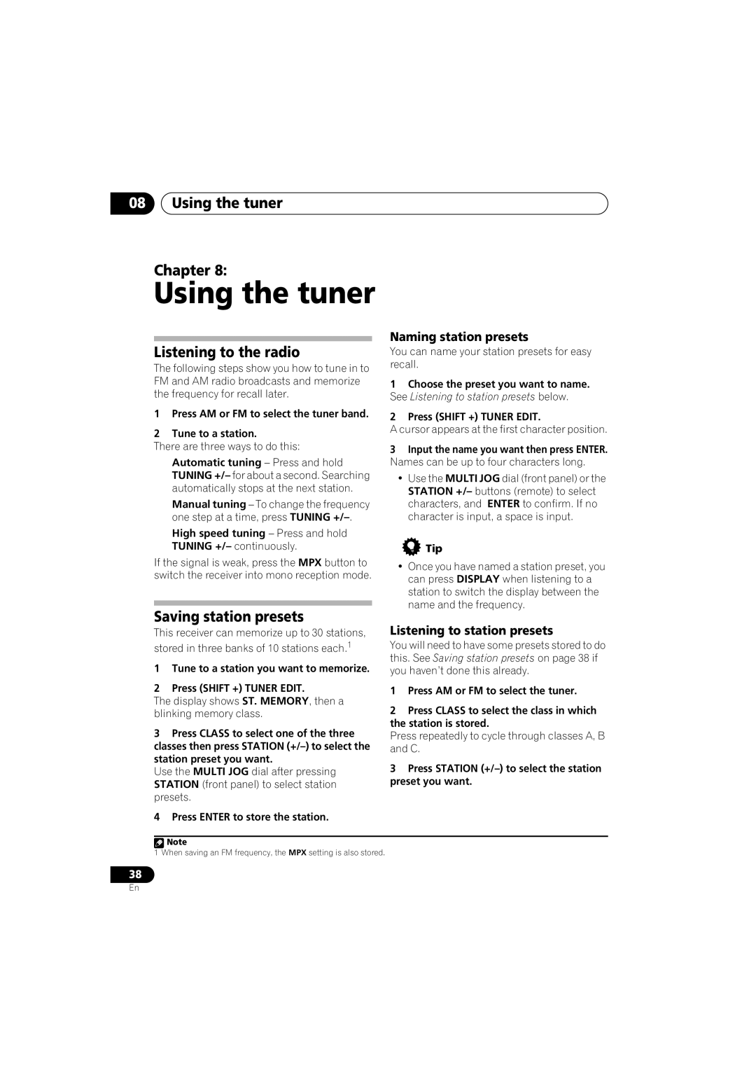 Pioneer VSX-416-K, VSX-516-K, VSX-516-S manual Using the tuner Chapter, Listening to the radio, Saving station presets 