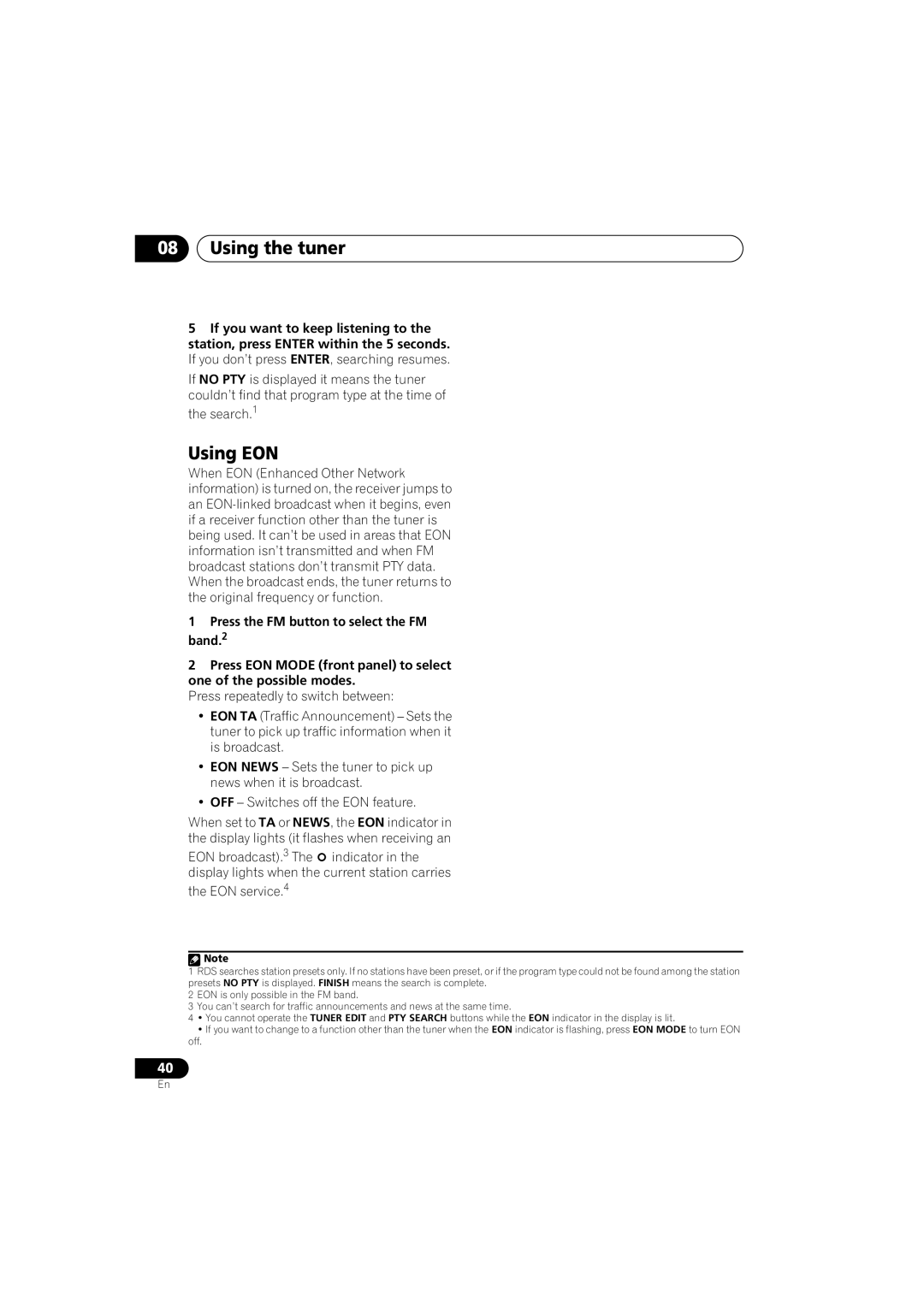 Pioneer VSX-516-S, VSX-516-K, VSX-416-K manual Using the tuner, Using EON 