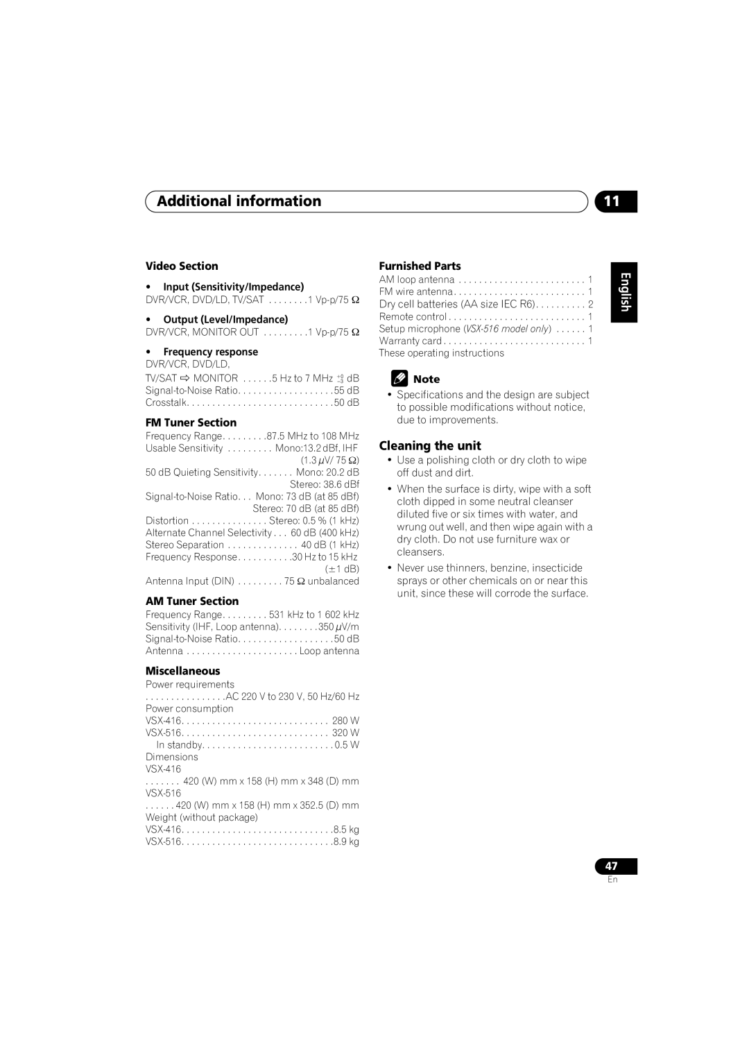 Pioneer VSX-416-K, VSX-516-K, VSX-516-S manual Cleaning the unit 