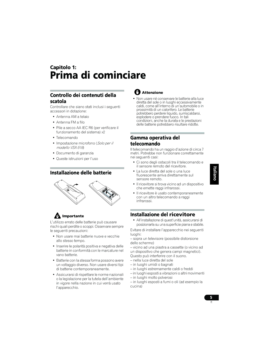 Pioneer VSX-516-K, VSX-516-S, VSX-416-K manual Prima di cominciare 