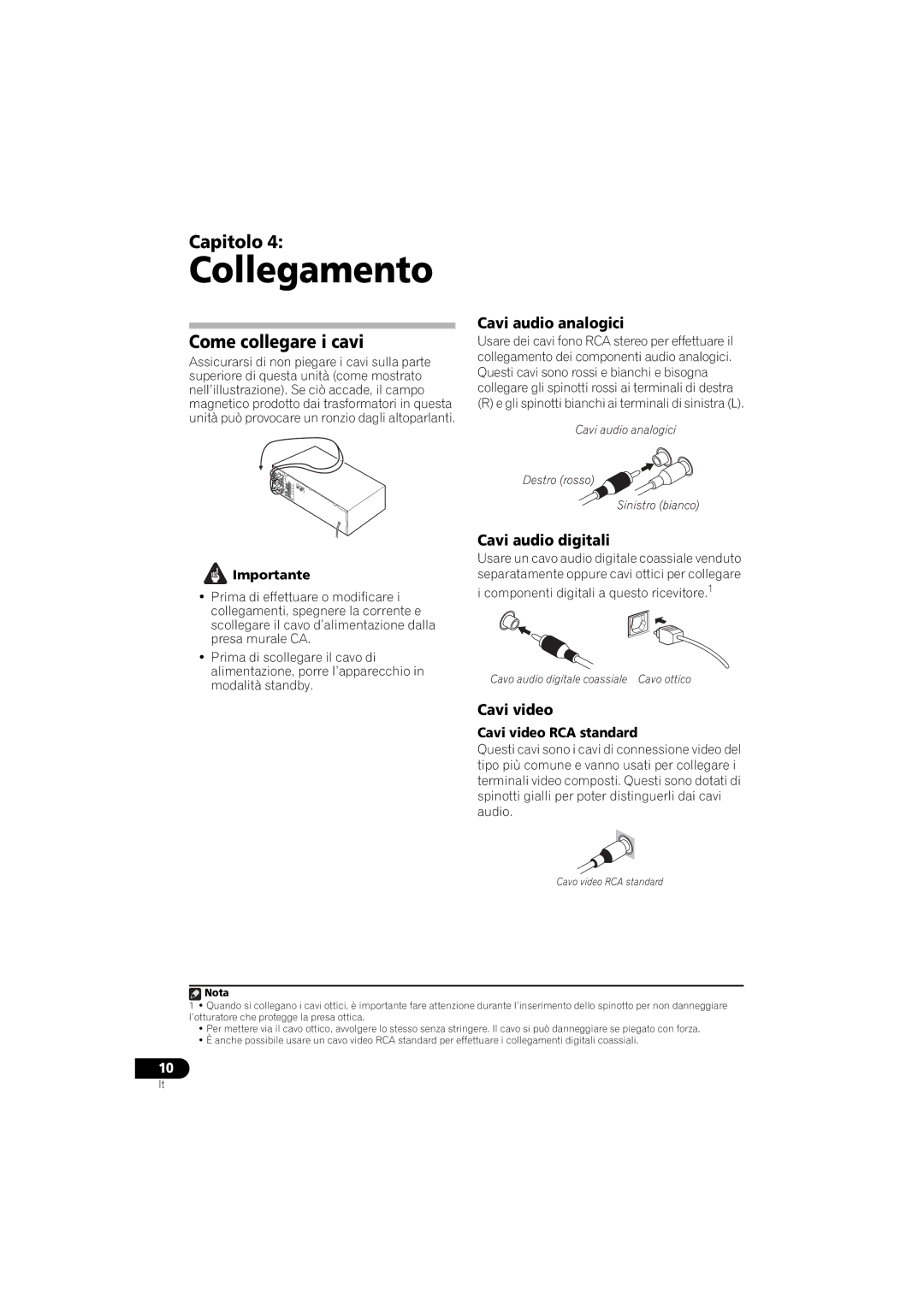 Pioneer VSX-416-K, VSX-516-K Collegamento, Come collegare i cavi, Cavi audio analogici, Cavi audio digitali, Cavi video 