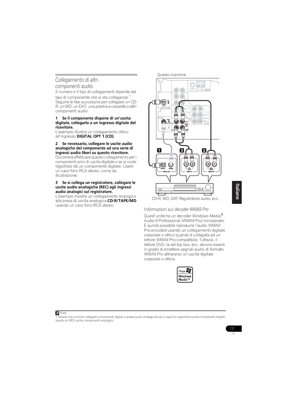 Pioneer VSX-416-K, VSX-516-K, VSX-516-S manual Informazioni sul decoder WMA9 Pro, Ingressi audio liberi su questo ricevitore 