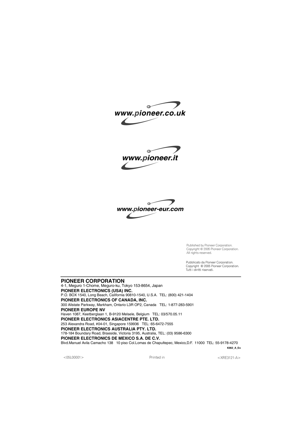 Pioneer VSX-516-S, VSX-516-K, VSX-416-K manual Pioneer Corporation 