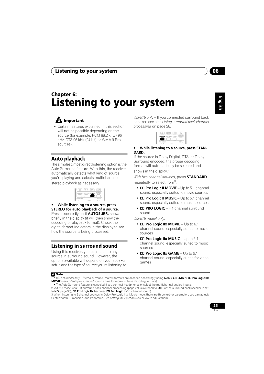 Pioneer VSX-516-S, VSX-516-K Listening to your system Chapter, Auto playback, Listening in surround sound, English 