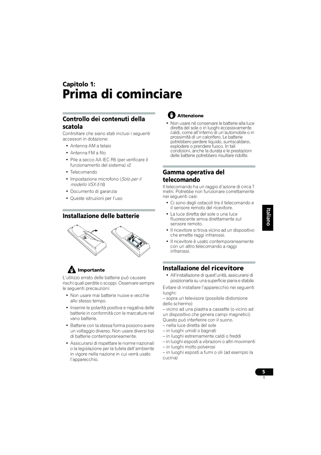 Pioneer VSX-516-K manual Prima di cominciare, Capitolo, Controllo dei contenuti della scatola, Installazione delle batterie 